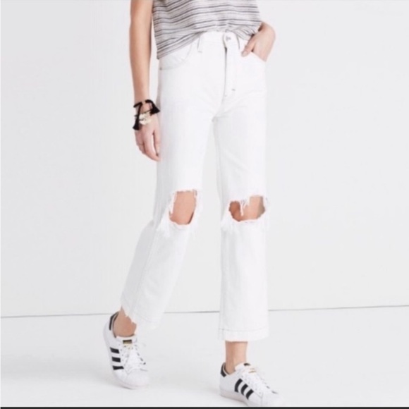 Madewell Denim - Madewell × Where I Was From straight leg cropped jean white distressed knees 27